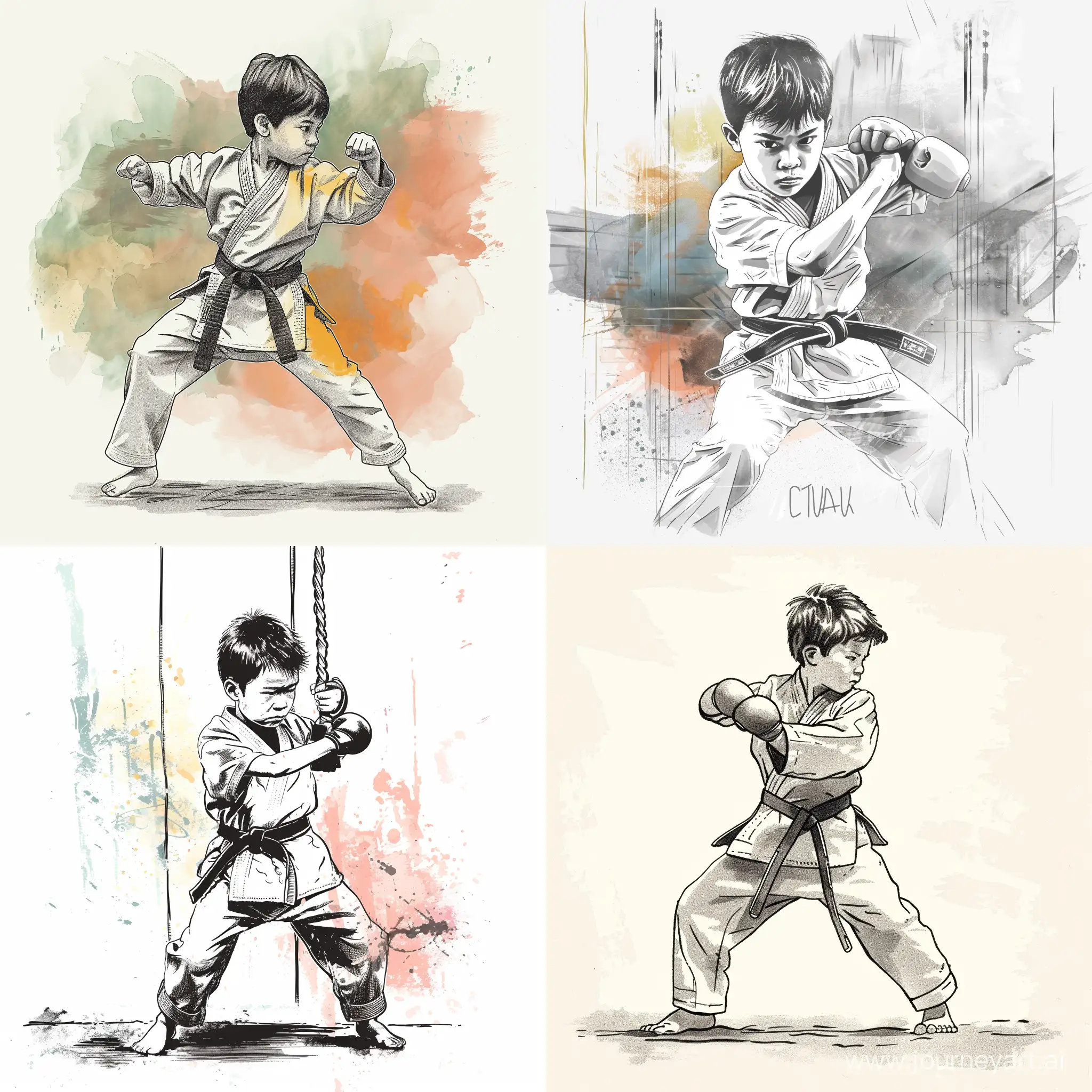 black ink illustration of a malay boy to do karate, pastel accents, in the style of eve ventrue, 2d game art, clamp, porcelain, high-contrast shading, illustration, high quality details, HD