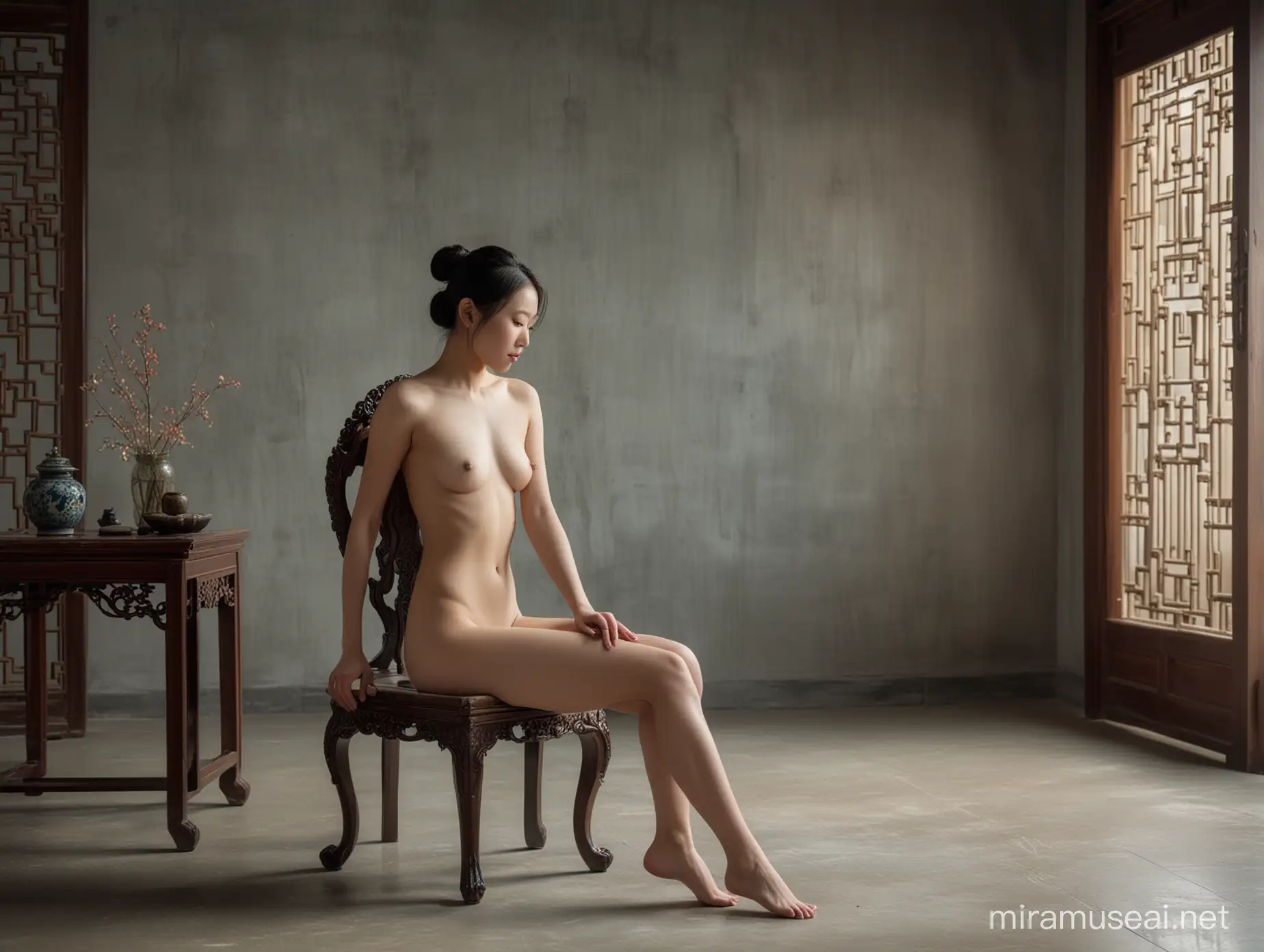 室内明清柜子背景，一个姿态优雅，翘着二郎腿的年轻裸体女子坐在明清时代的椅子上，全身，冷色调，光线柔和，广角镜头拍摄