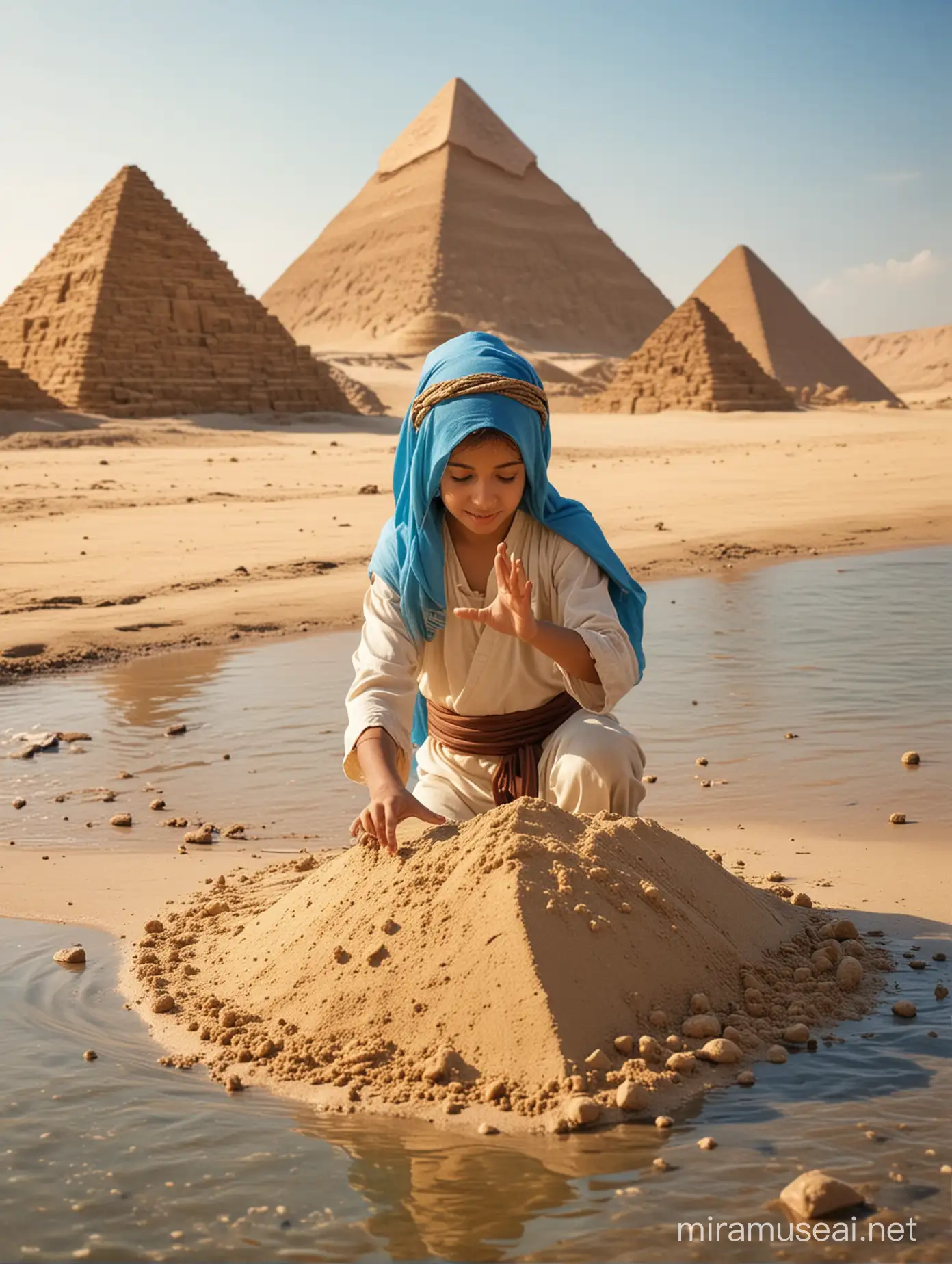 Jesus child playing sand with his friends in river blue side, background pyramid