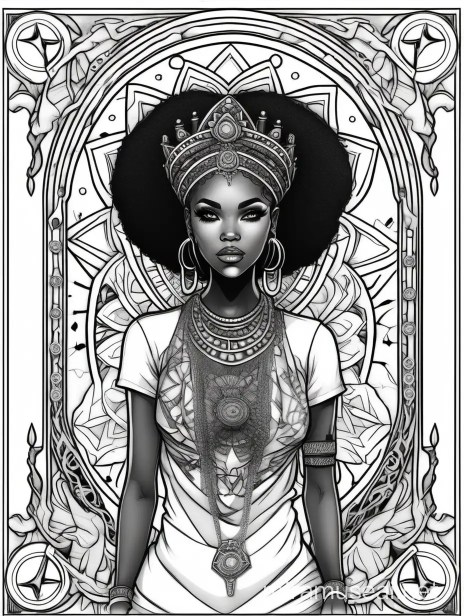 Modern African American Princess Tarot Coloring Page with Transparent Hair