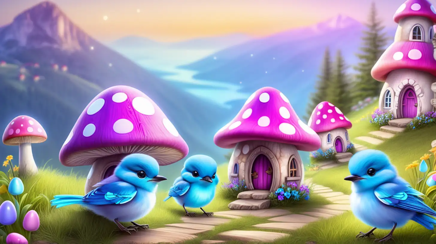 Cute tiny baby bluebirds. Glowing Magical-Fairytale-mushroom houses with magical mountain cliffs with path and easter eggs and bright-Purple-pink-Blue-Green