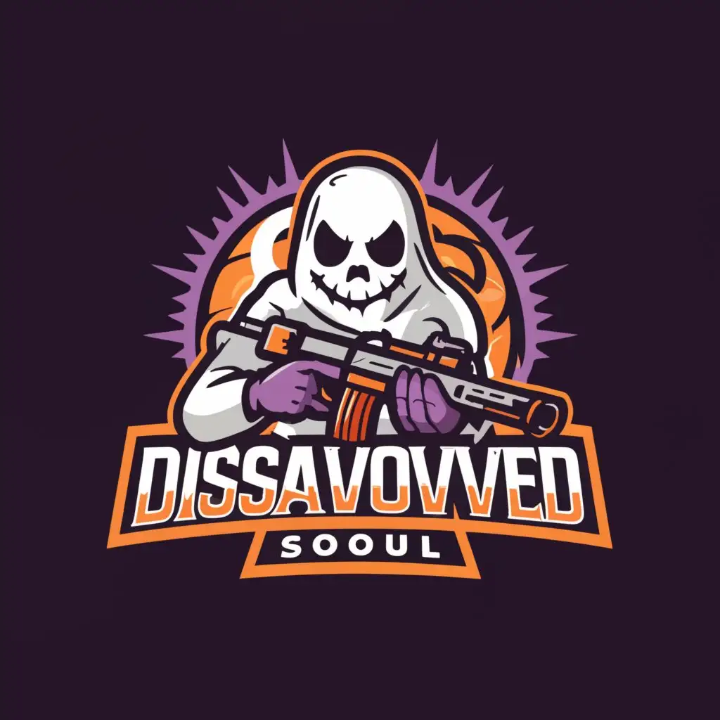a logo design,with the text "Disavowedsoul", main symbol:A cartoonish ghost holding a big rifle taking point and health bar game time weapon type information visible in form of a 8-bit game,complex,be used in Entertainment industry,clear background