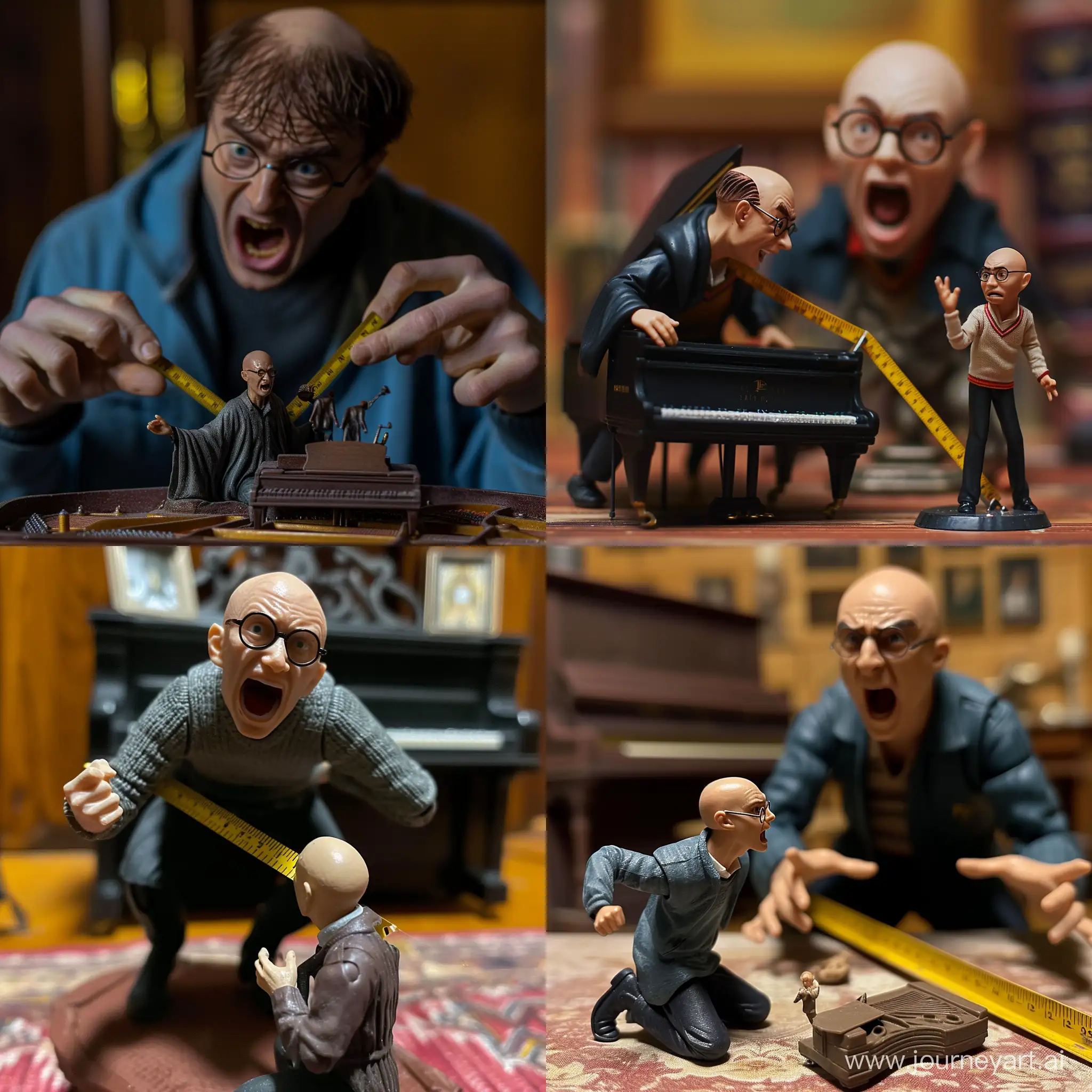 Harry Poter witha frantuc agitated face. He is measuring a figurine of a bald male piano teacher.
