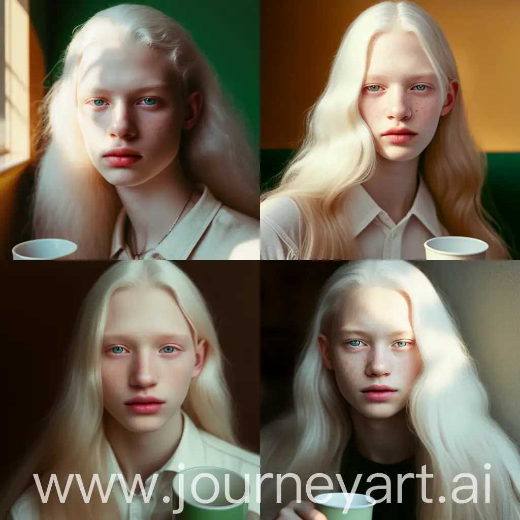 A medium shot of a charismatic young influencer, albino woman, green eyes, 18 years old, with hair long, captured in Barcelona drinking coffee, professional cinematography, capturing natural lights and shadows, with a perfect smile
