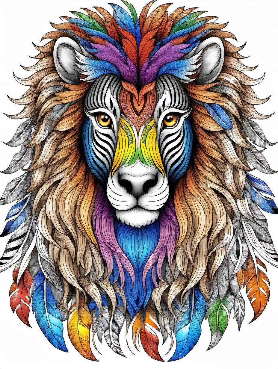 vivid color animal, Adult Coloring Book, High Detail,  no shading, animal, tale, stripe, feather, mane