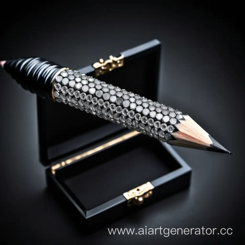 большой черный карандаш  на котором много алмазов, лежит в открытой черной коробочке которая украшена алмазами, вид от 2 лица