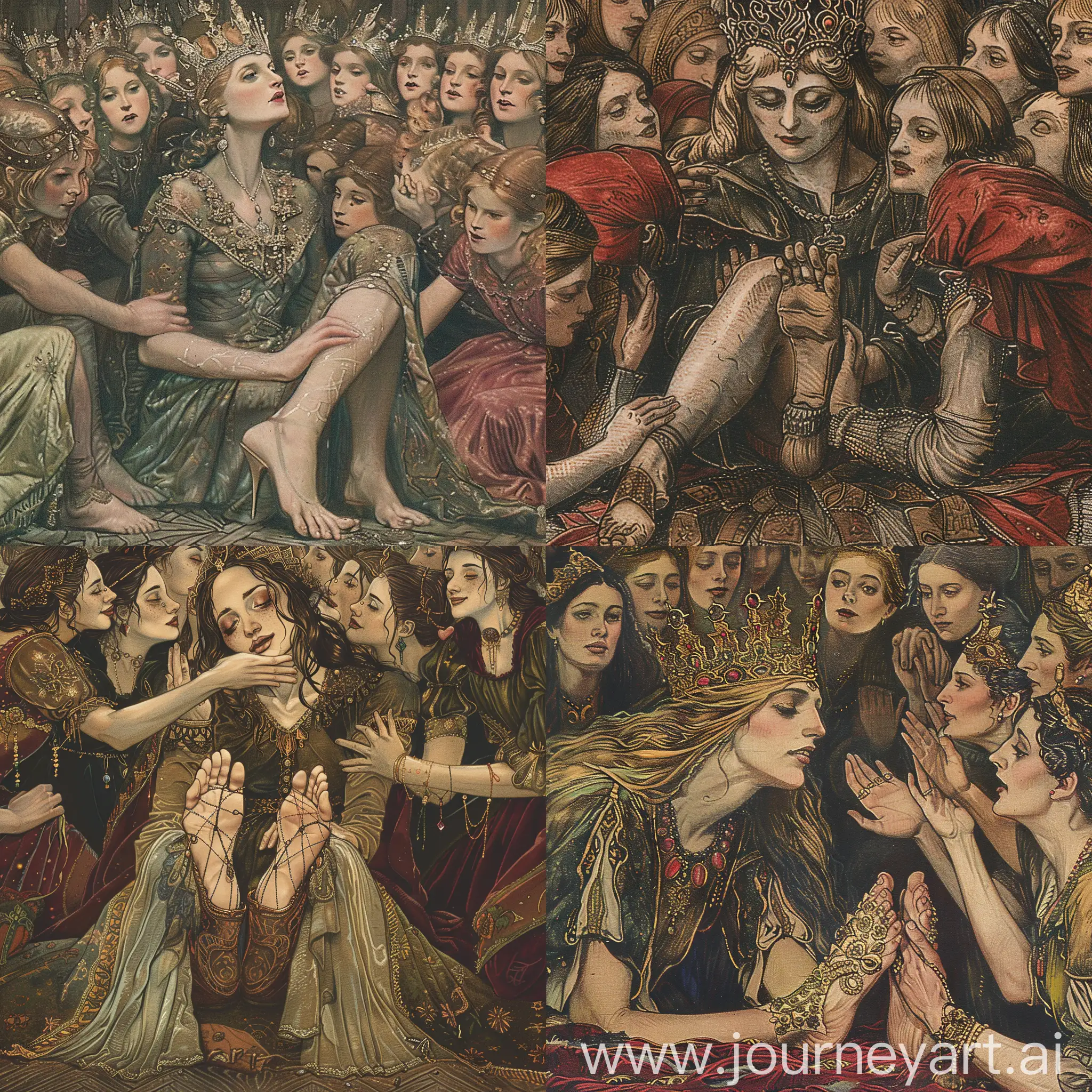 Medieval artstyle, evil queen who's feet are being kissed by a crowd of women