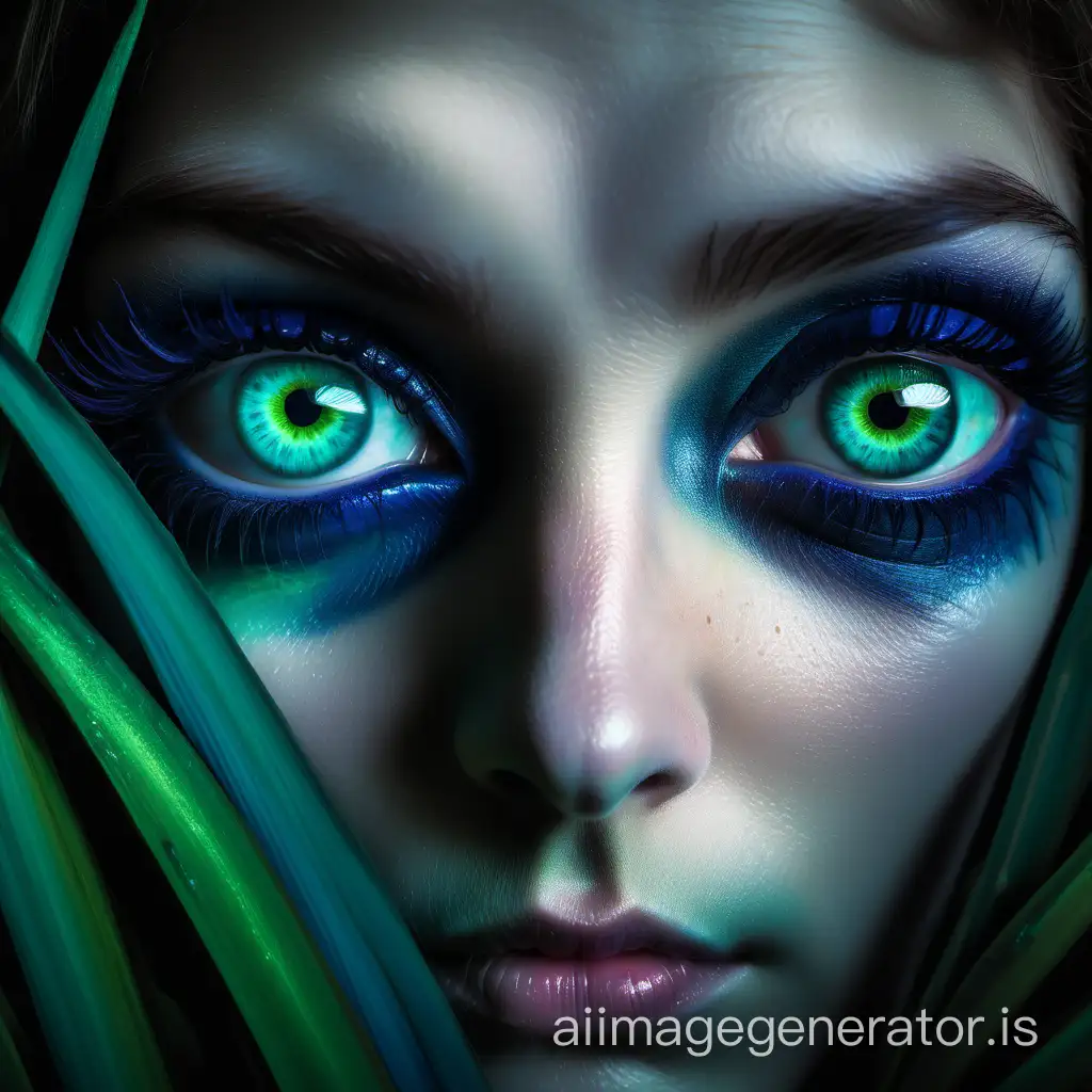  A pair of large eyes with dilated pupils stare out at the viewer, with luminous reflections in the irises and pronounced shadows under the lashes. The eyes are framed by thin, expressive eyebrows, adding intensity to the gaze. The colour palette used is mainly shades of blue and green, creating a haunting and mysterious atmosphere.