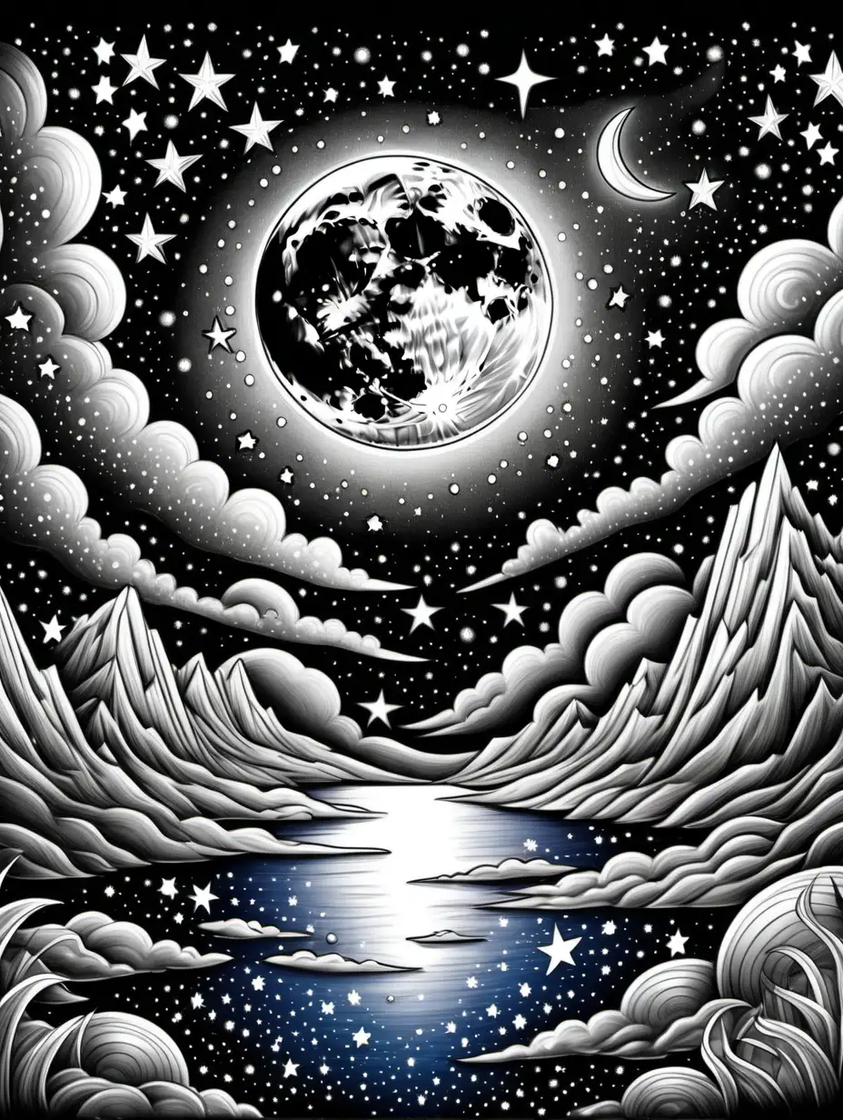 Starry Night Sky and Serene Moon for Adult Coloring Relaxing Contemplation Page