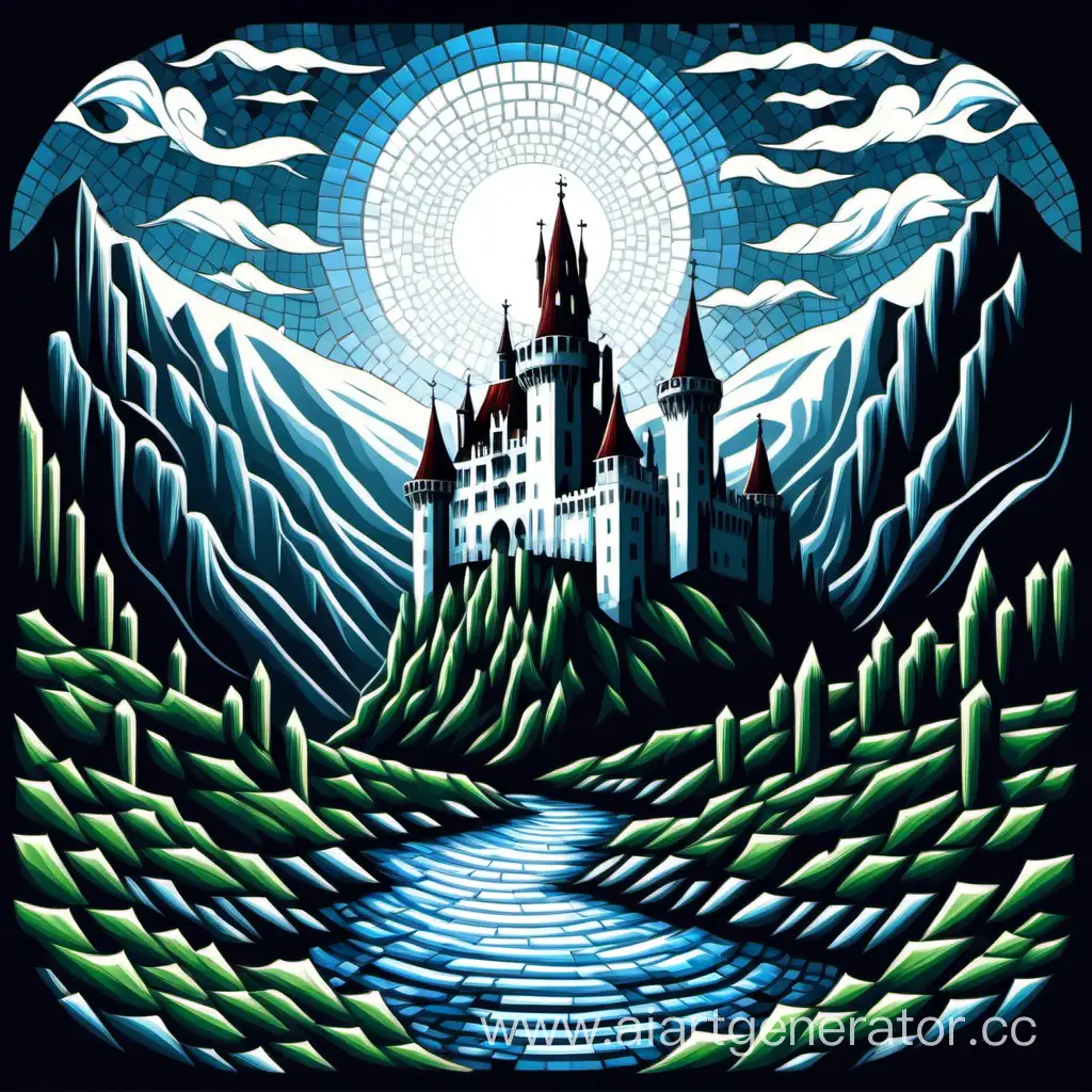 A mosaic intricate silhuette illustration of a white Dracula castle river, in mosaic style,