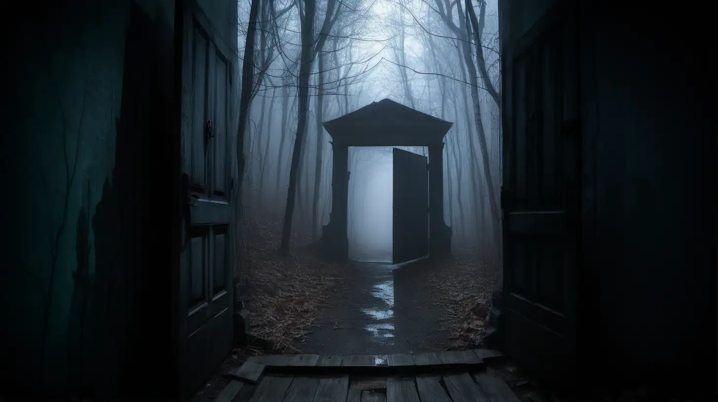 a shadowy door in a poorly light alley way with misty forest behind the door, adventure
