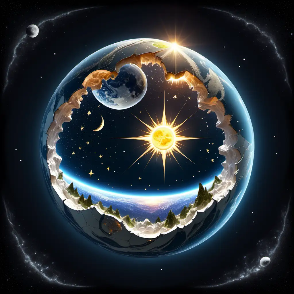 résolution 4k , une terre plate nichée dans un firmament et transparent en forme d'œuf bercé par le soleil , la lune et les étoiles 