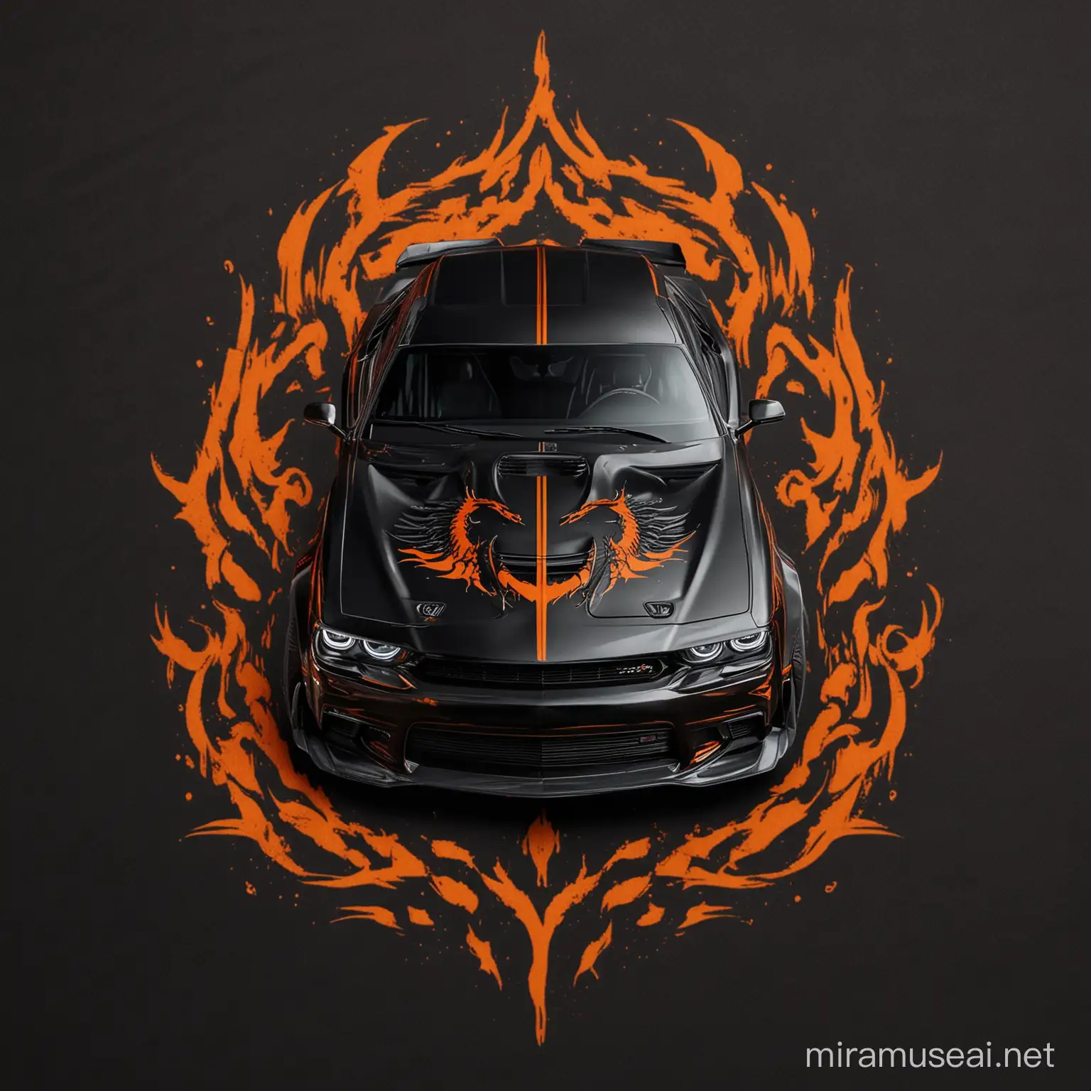 
Title: "Dragon's Fury: Custom Black and Orange Dodge Challenger SRT Demon 170"

Description:
Imagine a mesmerizing design featuring a custom-built Dodge Challenger SRT Demon 170, adorned in a striking black and orange color scheme that exudes power and ferocity. Against the backdrop, an intricate outline of a dragon's face emerges, its piercing gaze and menacing silhouette adding an element of mystique and intrigue to the composition. With meticulous attention to detail and a passion for automotive excellence, this design captures the essence of speed, adrenaline, and untamed energy. Perfect for enthusiasts who appreciate bold and dynamic style, this t-shirt design is sure to turn heads and ignite the imagination.