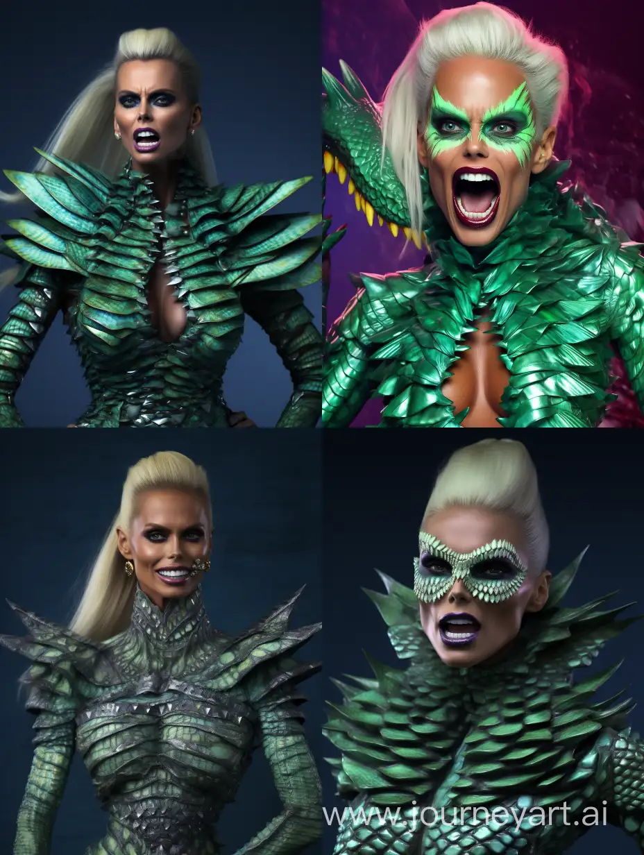 Heidi Klum with green skin, lizard scales and fangs, 80s monster vibes.