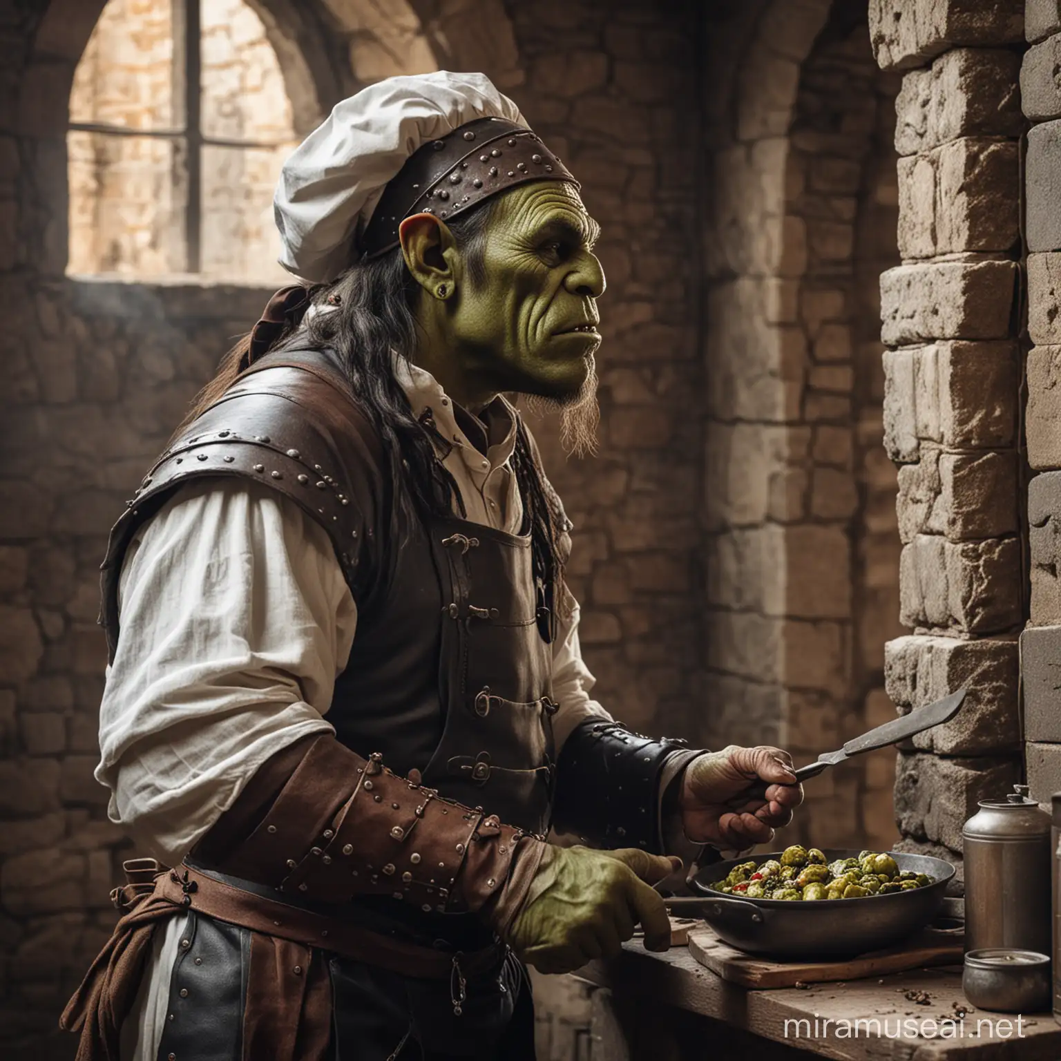 A fantasy medieval orc chef in a castle side profile