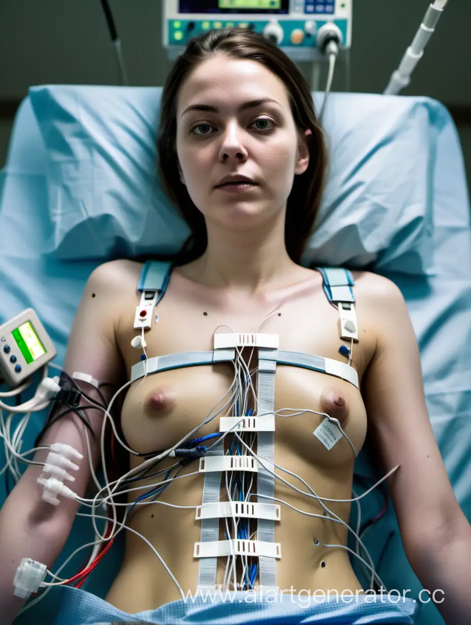 Young woman strapped down to the operating table in a hospital operating room. She is connected to heart monitors with numerous sensors and wires on her body and chest. She has at least twenty heart monitor electrodes on her chest, connected to wires.