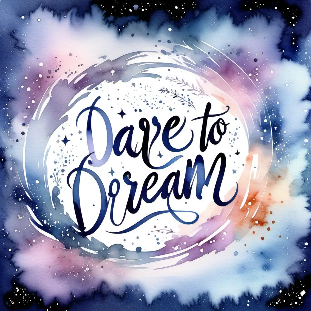 An ethereal and dreamy design with a watercolor galaxy background and the words "Dare to Dream" in elegant calligraphy. --v 4