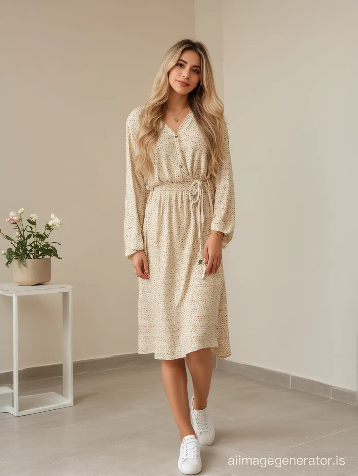 iranian woman 30 years old, wearing  beige cozy dress with tiny green and yellow pattern, white sneakers,  blonde long hair, pink lipsticks, green woody bracelet, in a modern minimal white room, full body shot