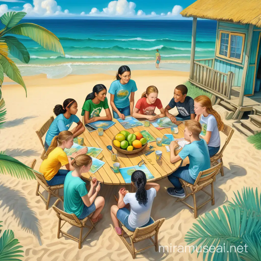 drone view, Visualize a dynamic and engaging scene that captures a group of age 18 girls and boys in conversation, include people with disability, they wear comfortable casual t-shirt and denim jeans, gathered in a rounded table that has tropical fruits, the setting is a beach shack, the sky reflects summer days, each one actively engaged in a joking at each other. Each person's expression and body language should reflect active listening and respect. The atmosphere should be humorous and vibrant, painting, landscape, the is wide gap between sky and people, high definition like its drawn by van gogh.