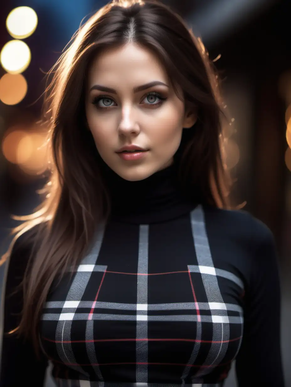 Beautiful Nordic woman, very attractive face, detailed eyes, big breasts, slim body, dark eye shadow, long layered brunette hair, wearing a black turtleneck bodysuit, wearing a small necklace, wearing a a plaid skirt with a belt, close up, bokeh background, soft light on face, rim lighting, facing away from camera, looking back over her shoulder, photorealistic, very high detail, extra wide photo, full body photo, aerial photo