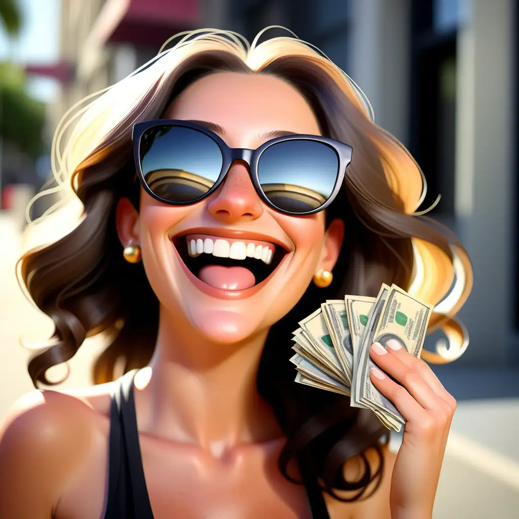 a beautiful 30 year old woman with sunglasses and having money and status. smiling and laughing like she is famous