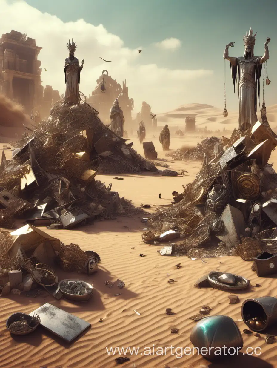 A small pile of garbage, lots of broken statues, lots of jewelry and metal, in a fantasy desert