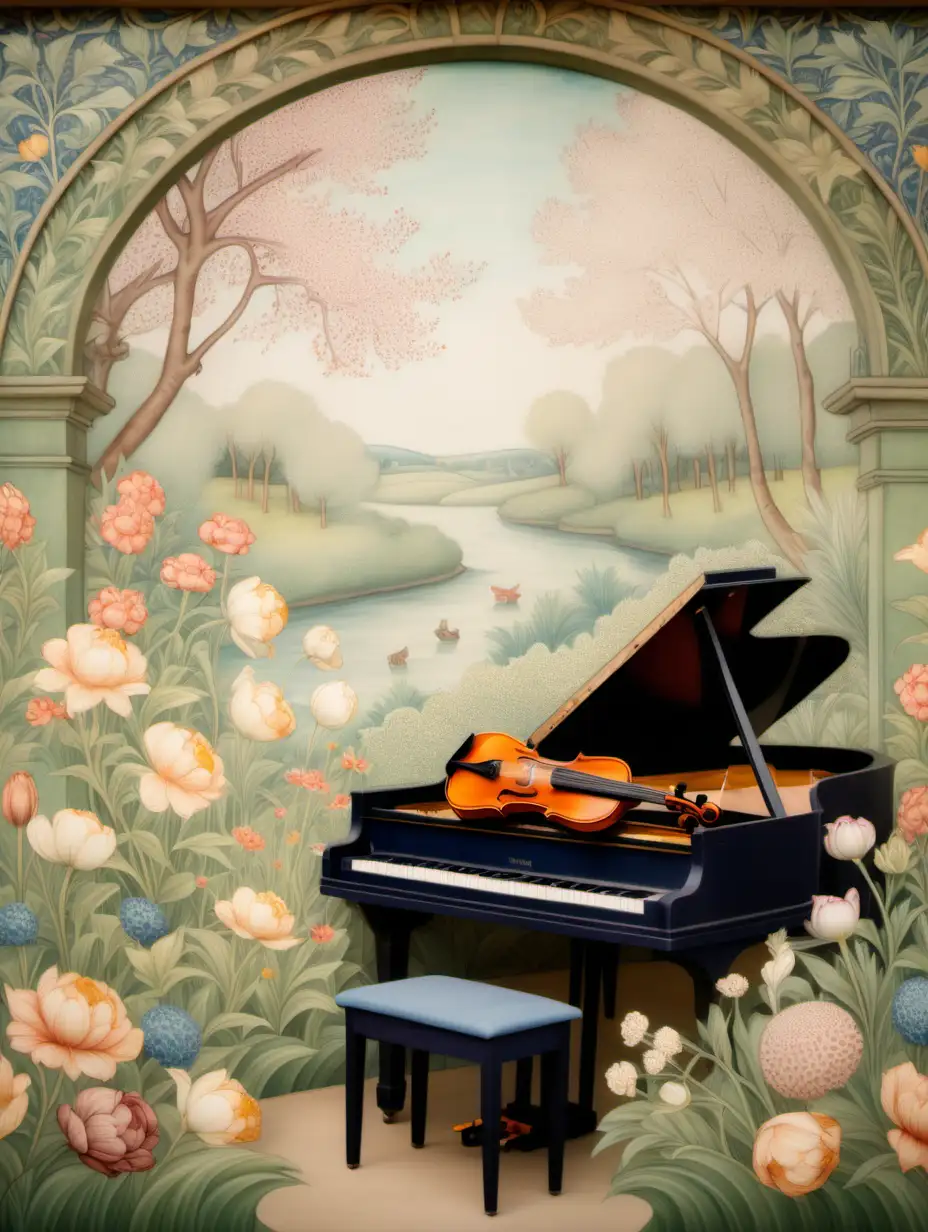 威廉・莫里斯畫風,畫花,小提琴,鋼琴,在春天背景前,呈現夢幻感覺,部分模糊不清