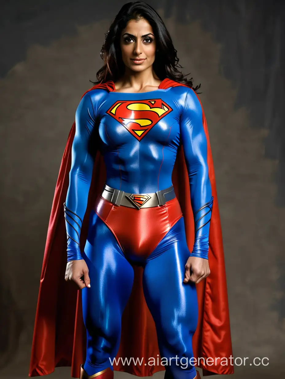 A beautiful Middle Eastern woman. Age 30. She has enormous super muscles throughout her body. Her muscles are huge. She is flexing her enormous arms. She is wearing the classic Superman costume from "Superman The Movie", with blue spandex leggings, long blue sleeves, red briefs, and a cape. The symbol on her chest has no black lines.