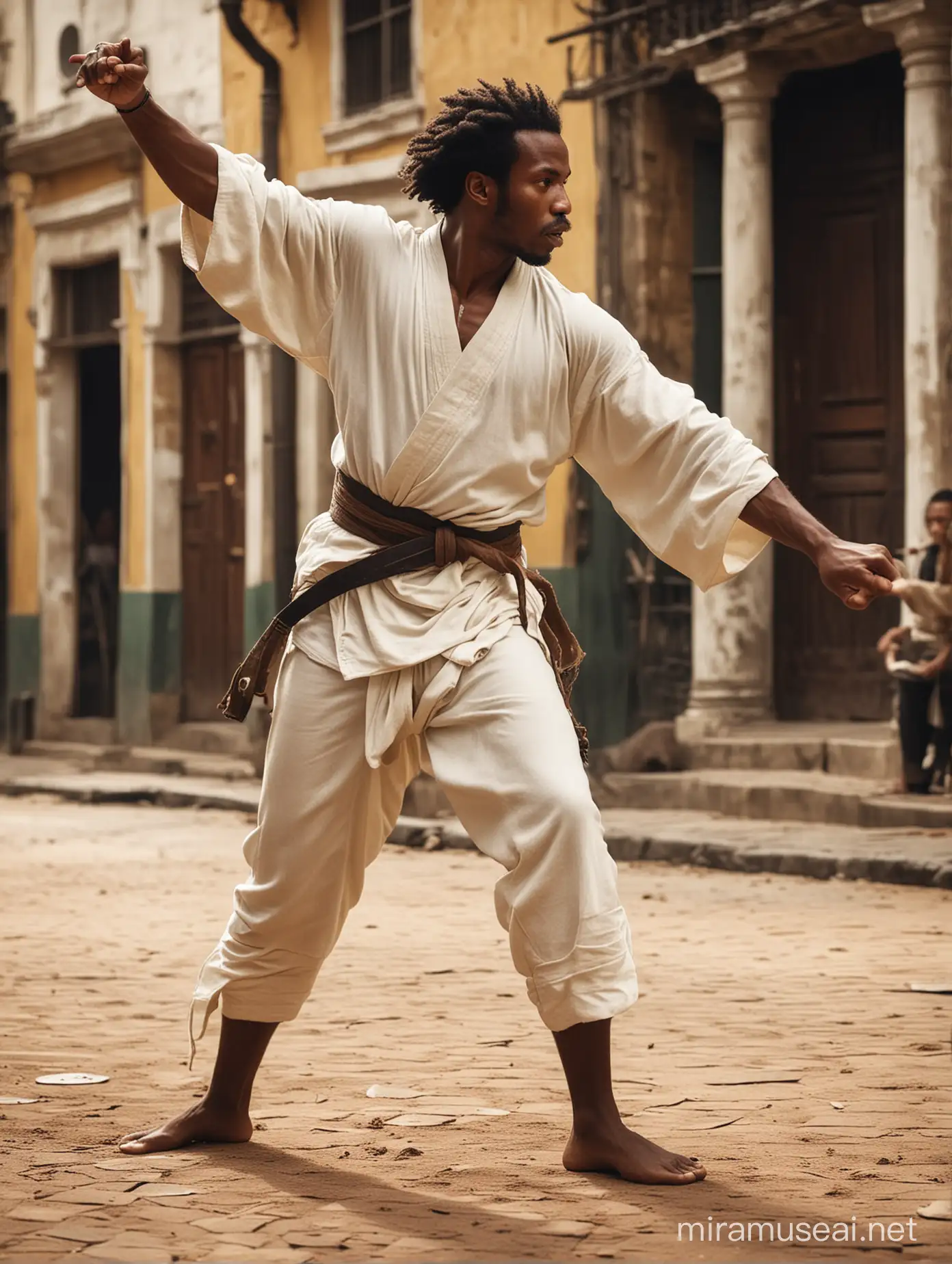 Create an image of a 1800s african capoeira master, showcasing the dynamic movements of this Brazilian martial art, representing the cultural richness of Brazil. Cinematic shot, candid celebrity shots, uhd image, body extensions, natural beauty --ar 69:128 --s 750 --v 5. 2