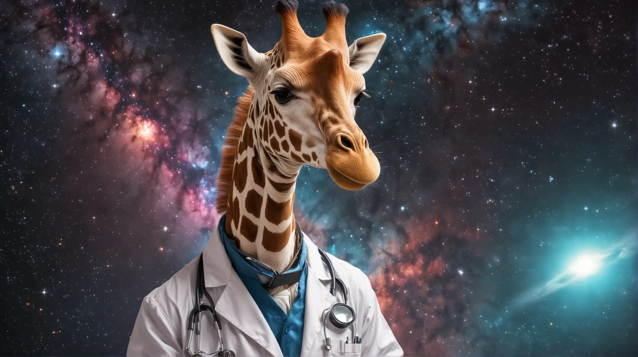 Giraffe dressed as a doctor in the space