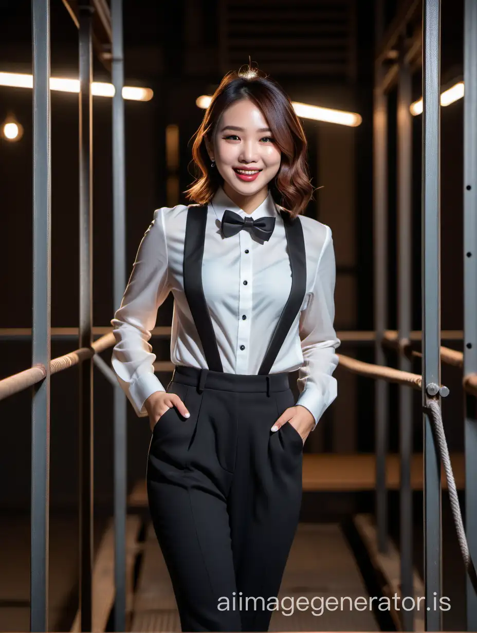 A stunning and cute and sophisticated and confident Japanese woman with shoulder length hair and lipstick wearing a black tuxedo with a white shirt with cufflinks and a (black bow tie) and (black pants), standing on a scaffold facing forward, laughing and smiling.  She is relaxed. It is night.