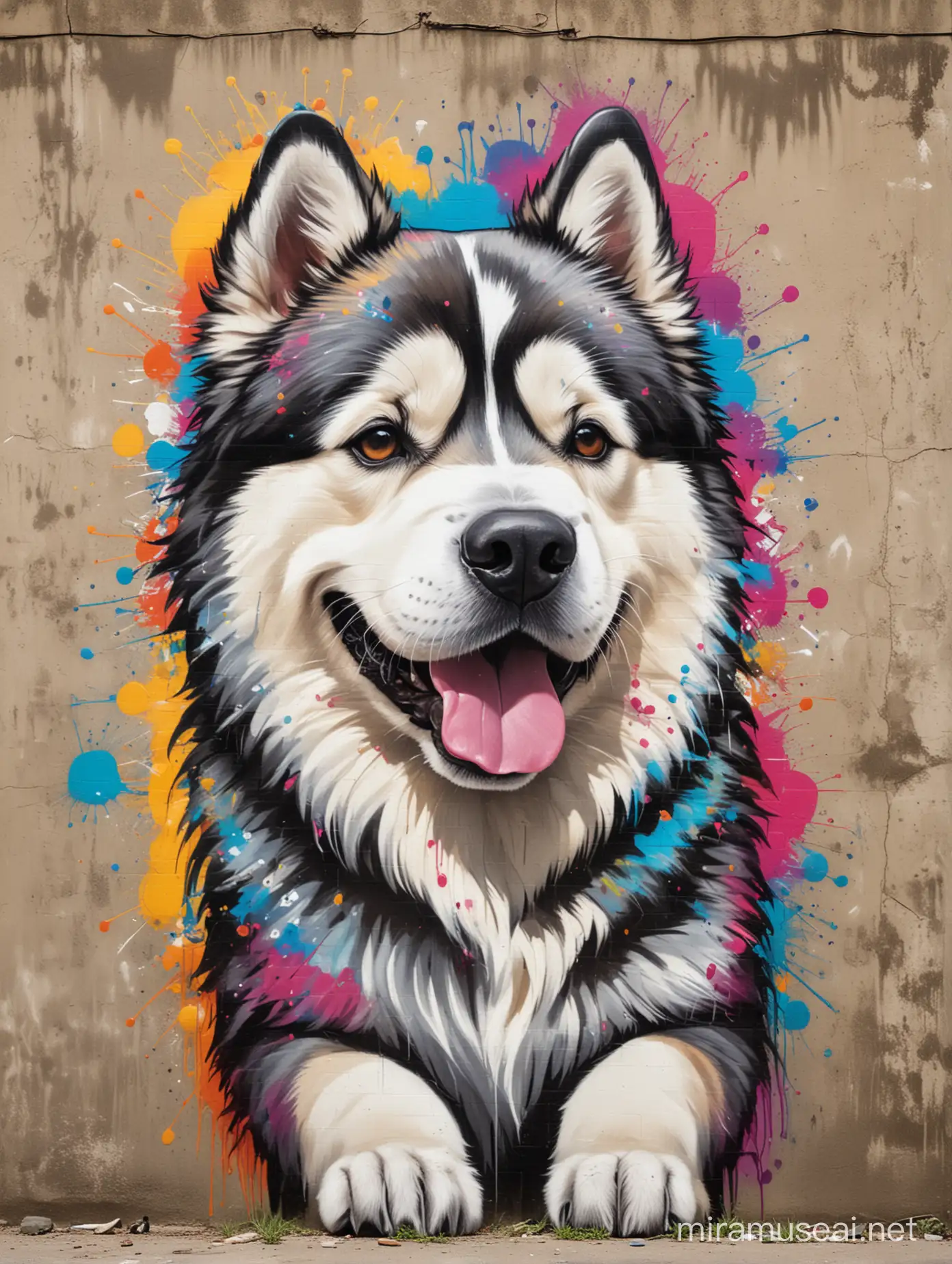 art movement focused on emotional impact through free-flowing shapes and colors, often without depicting real objects,
Create a graffiti of a tiny happy Alaskan Malamute dog on the foreground, colorful graffiti art, on a wall, rustic background, graffiti art style