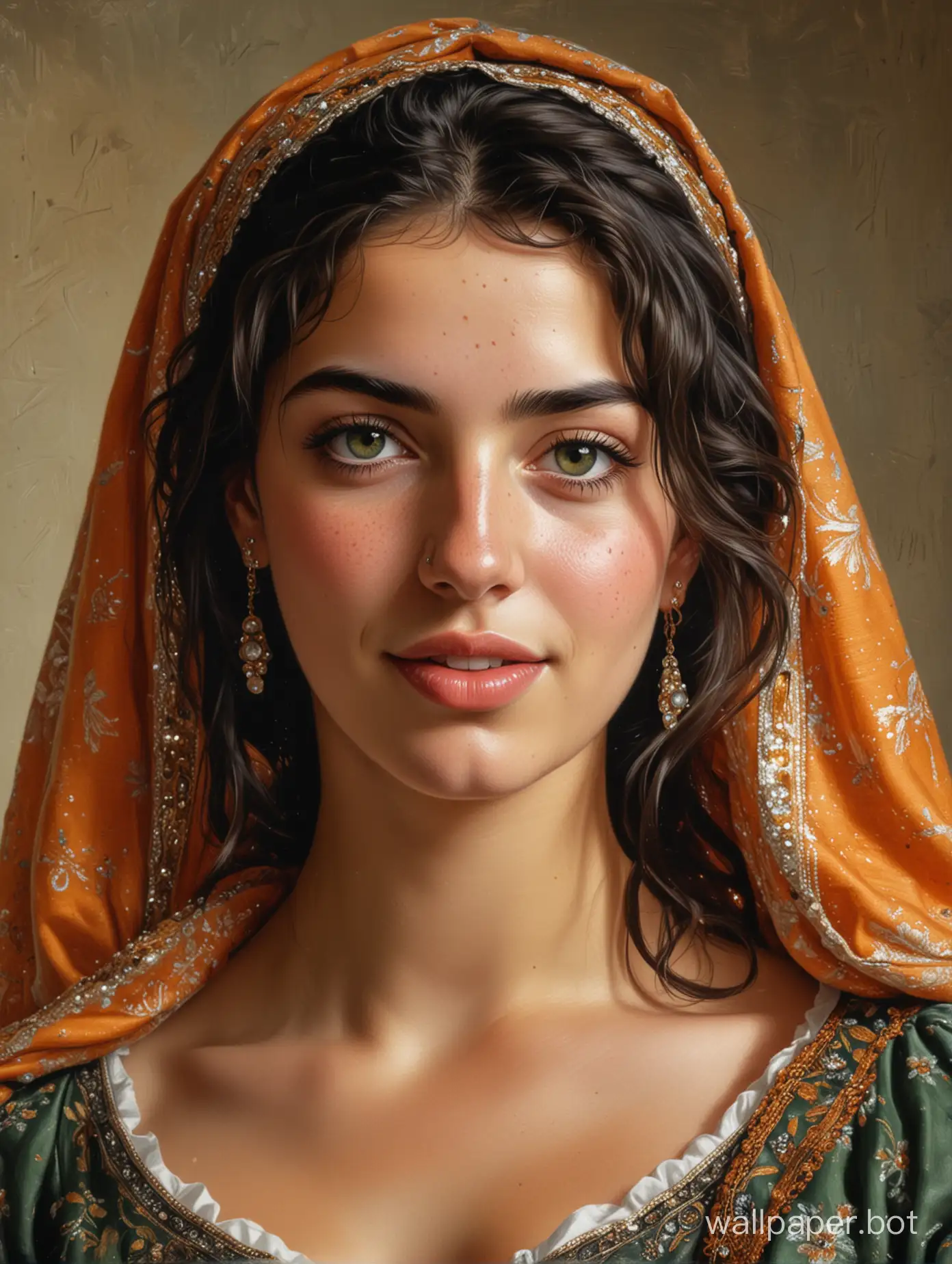 velazquez painting style, full body perspective, low angle portrait of a beautiful 22 year old Palestinian woman standing, view from below, she is pretty, she has green eyes, she has olive skin, she has lots of freckles, midriff, skinny, abs, muscular legs, deep plunging v, she has long light black hair that is wavy, wearing an orange headscarf, sequins, bejeweled fabric, she has a beautiful innocent face, smiling, beaming, big nose, very cute, perfect, sense of wonder, Velazquez painting style
