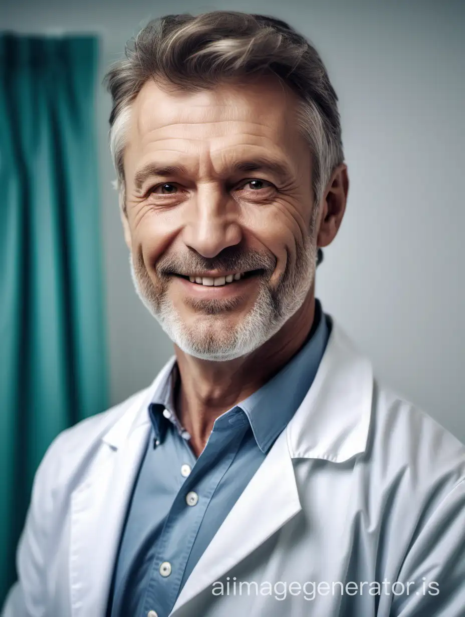 portrait, photorealism, handsome European man 50 years old, smile, doctor in the ward of a medical clinic