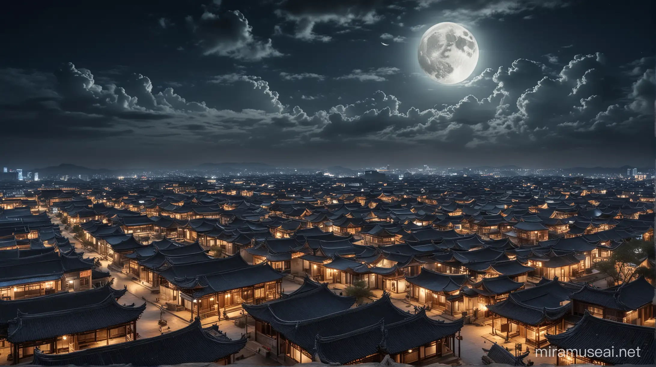 在古代中国的汉朝，长安城的一个角落，中景。有10几个民宅，其中有几座民宅是两层的。夜晚，天上挂着一个圆圆的月亮，云朵飘在天上。月光照亮了街道