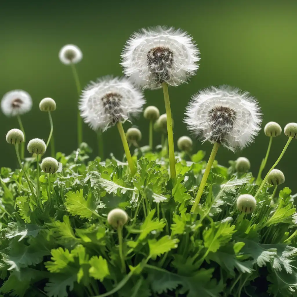 Vibrant Parsely Plant Surrounded by Ethereal Dandelion Puffs