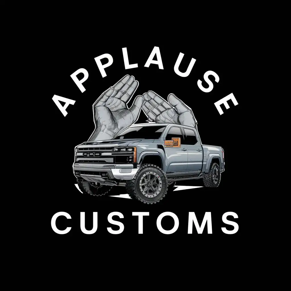 logo, two hands clapping a awesome pickup, with the text "Applause Customs", typography, be used in Automotive industry imput a sum with clouds on the backgroud
