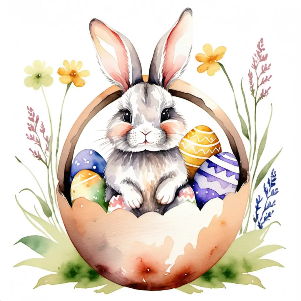 cute bunny sitting in easter egg, watercolor