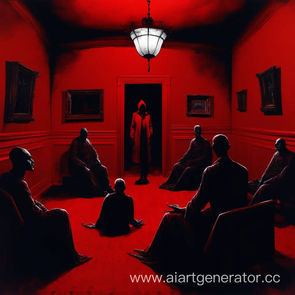 мрачная красная комната, сидят темные фигуры