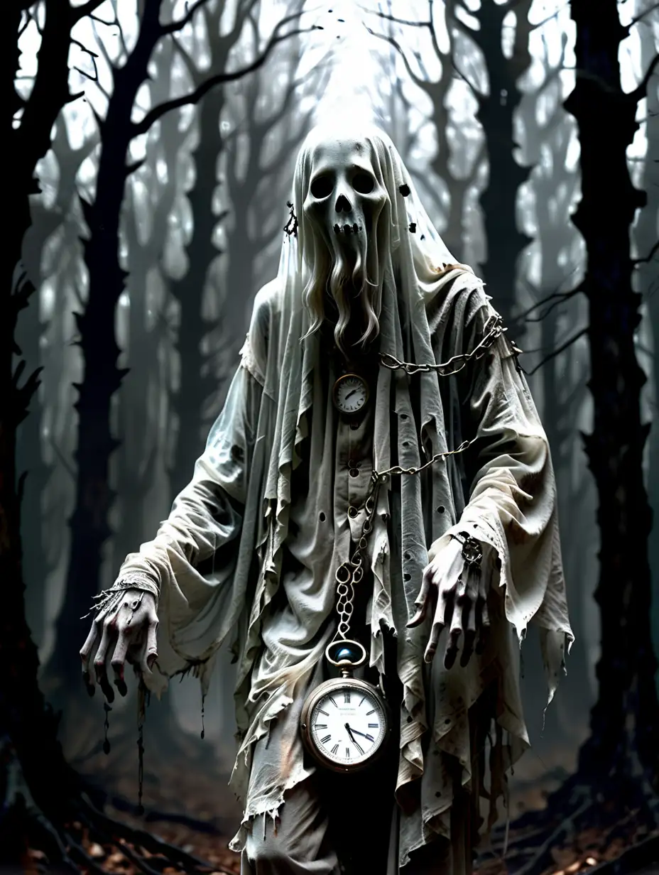 Ethereal Ghost with Antique Timepiece in Enigmatic Woods