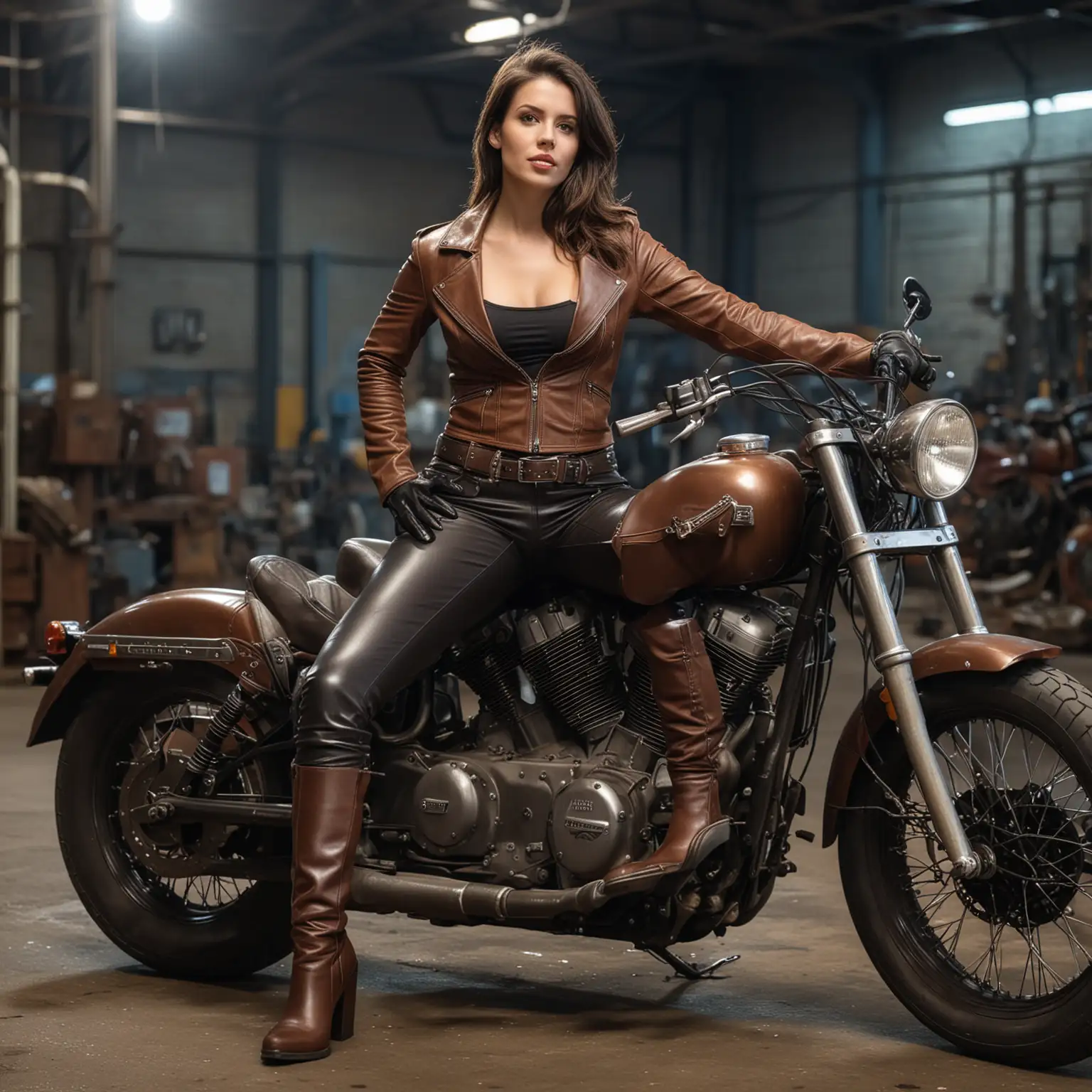 a brunette girl, in her 30-ies, sitting on a harley motorbike, wearing leather pants and high heeled kneeboots, a revealing brown leather bikini and leather gloves, looking straight into the camera, her bike is parked in an old factory at night