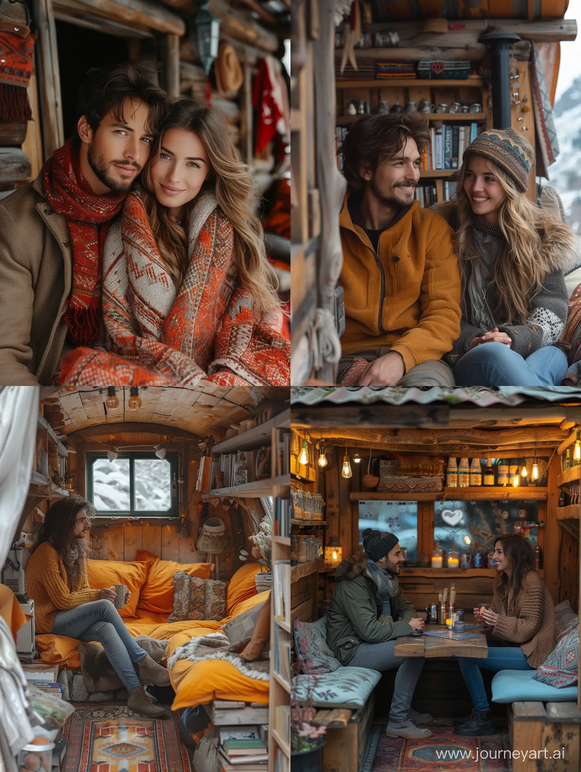 an ultra realistic photo of a couple in a cozy Turkish cabin in a Valentine's Day vibe --s 750