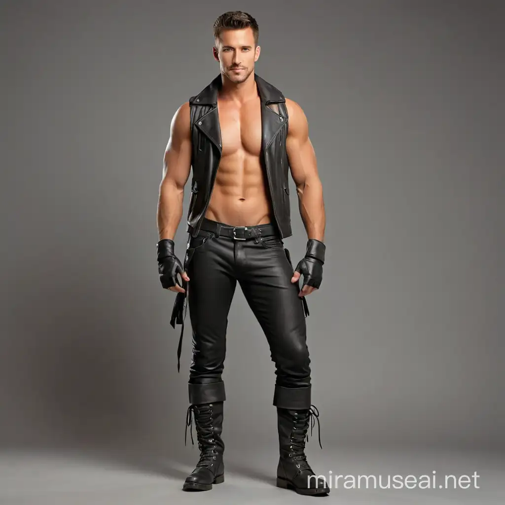 full body image of a handsome man, shirtless in leather vest, fingerless gloves, leather boots