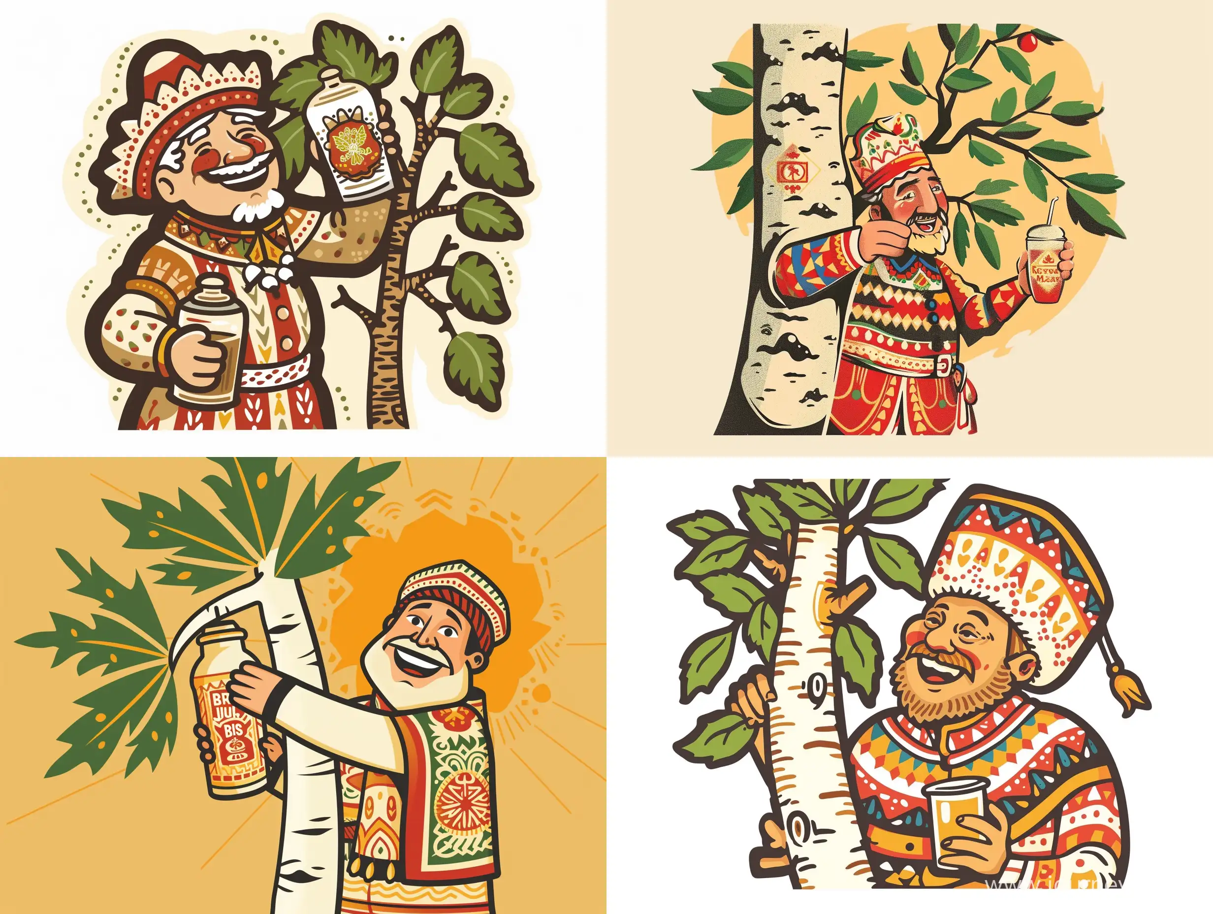логотип, напиток - "Берёзовый сок от Деда Мазая" , на логотипе изображены берёза и русский веселый мужчина в национальном костюме, который держит пинту с квасом и обнимает березу
