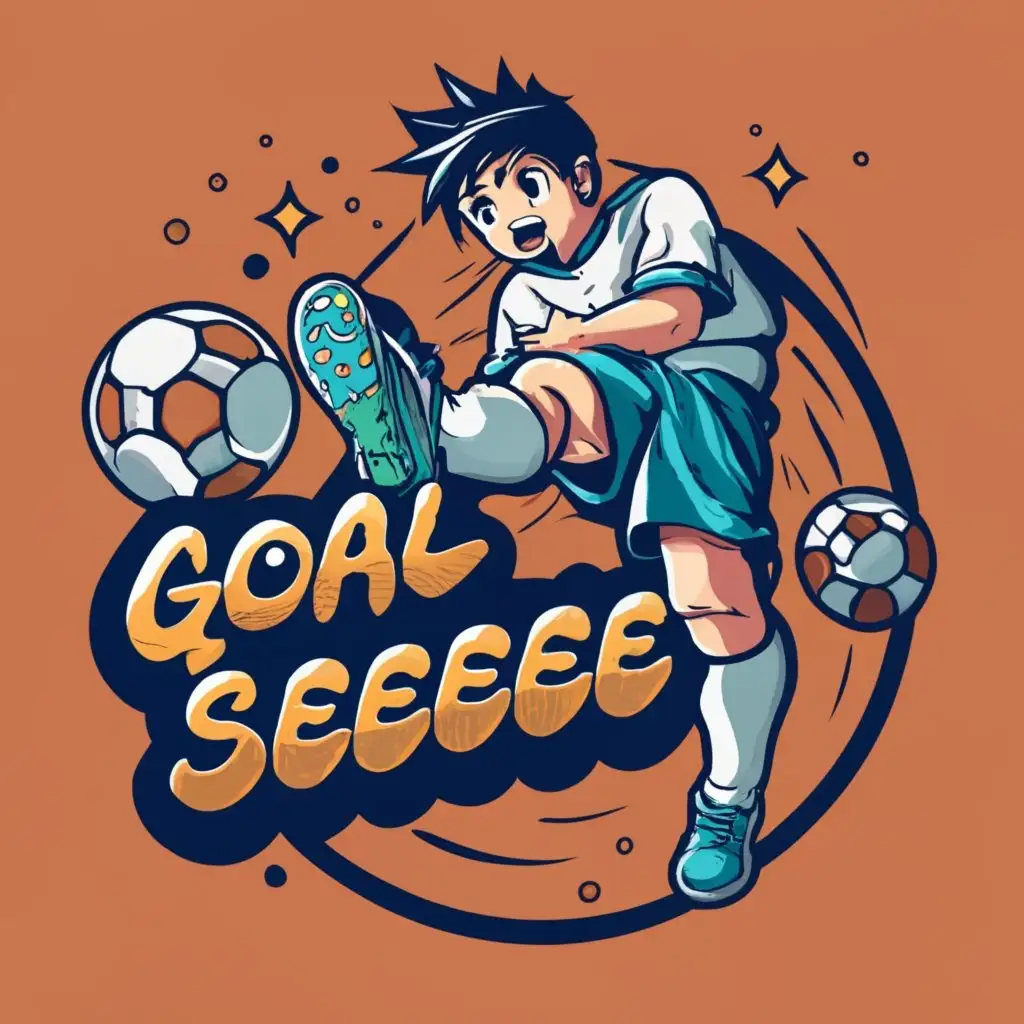 logo, anime soccer men is playing, with the text "Goal seeee", typography, be used in Entertainment industry
