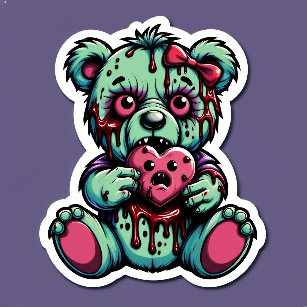 zombie teddy bear eating a carebear, sticker. make adobe illustrator image trace friendly.