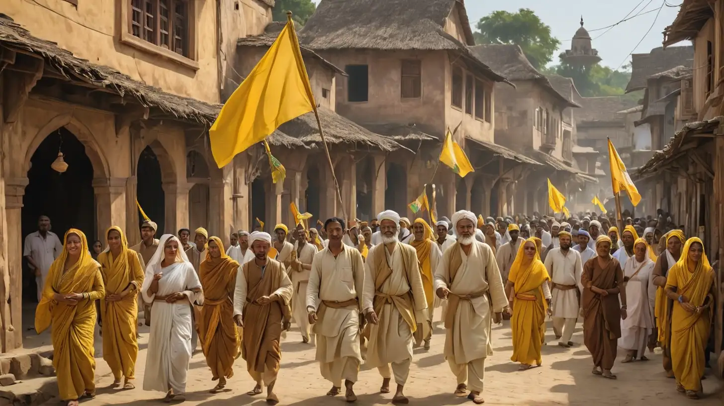 Generate a 15th century village in India, showcasing village life, with old bazar and Indian Muslims wearing brown and white color dress and waving yellow color flag