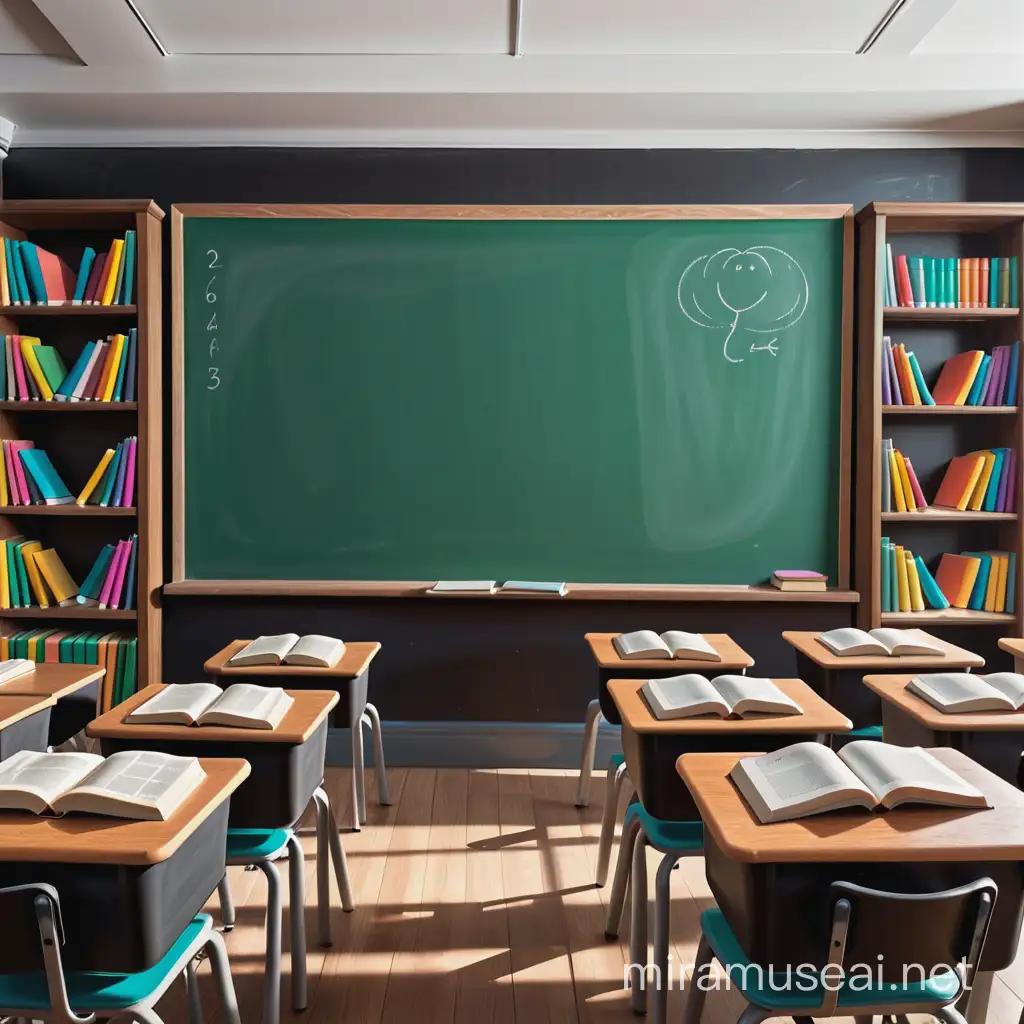 Full color drawing of a chalkboard in a classroom full of books