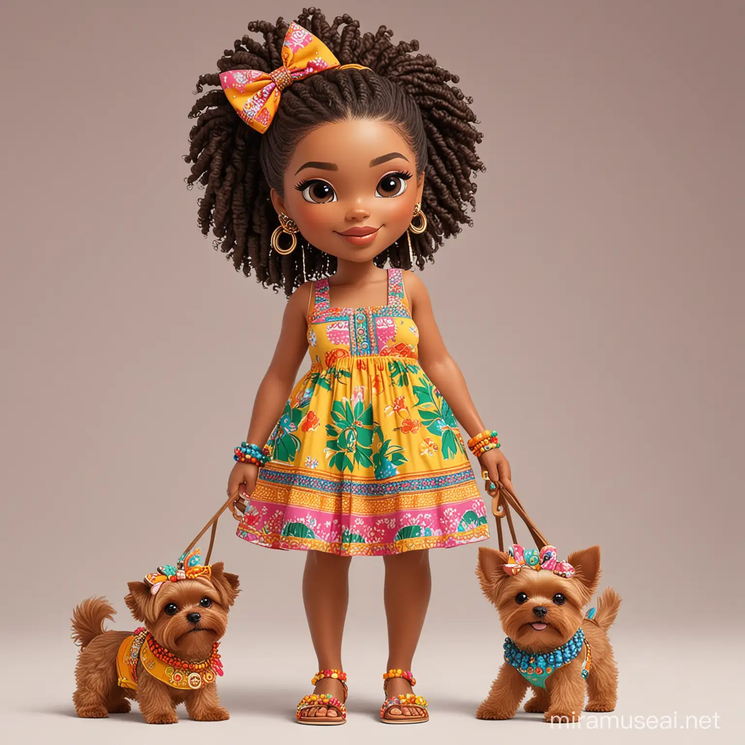 create a full body image of a cartoon picture of a BEAUTIFUL curvy african american woman and her Yorkie dog, her makeup is flawless and natural, she is wearing a colorful sundress and wearing colorful bracelets stacks, she if wear sister locs hairstyle, she is wearing colorful Tory Burch sandals. the top of her head and her feet or displayed in image.
