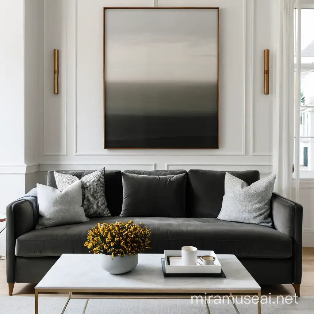 a living room with plain white walls and light grey sofa